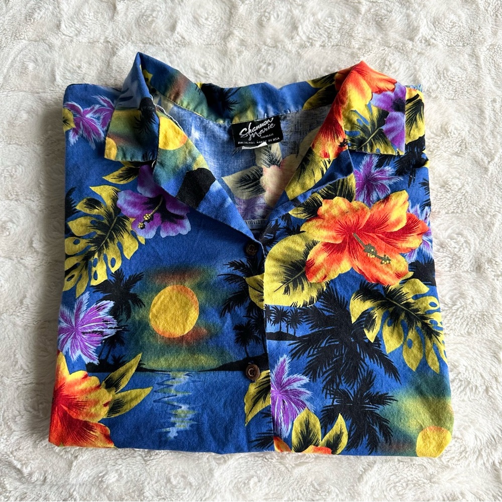 Vintage Shannon Marie Hawaiian Shirt Womens 1XL Blue Sunset Palm Tree Floral Vtg
